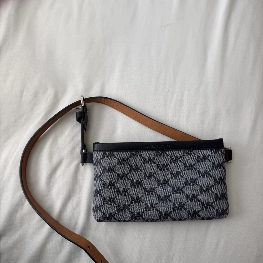 Michael Kors Black & Gray MK Logo Belt Bag with Tan Strap